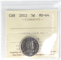 2012 Canada 5-cents ICCS Certified MS-64