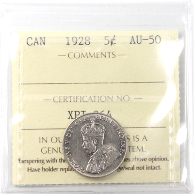 1928 Canada 5-cents ICCS Certified AU-50