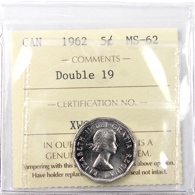 1962 Double 19 Canada 5-cents ICCS Certified MS-62
