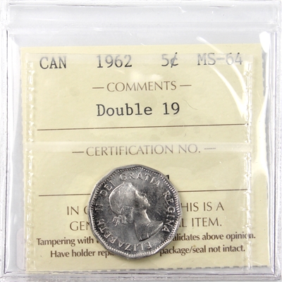 1962 Double 19 Canada 5-cents ICCS Certified MS-64