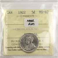 1922 Near Rim Canada 5-cents ICCS Certified MS-62 (XPM 284)