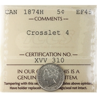 1874H Crosslet 4 Canada 5-cents ICCS Certified EF-45