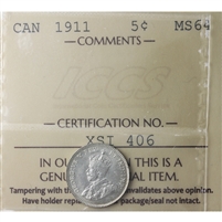 1911 Canada 5-cents ICCS Certified MS-64 (XSI 406)