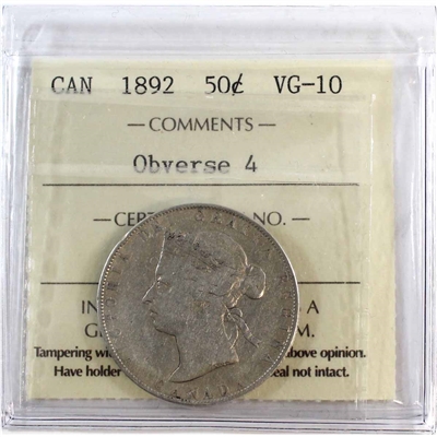 1892 Obv. 4 Canada 50-cents ICCS Certified VG-10