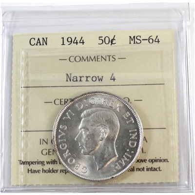 1944 Narrow 4 Canada 50-cents ICCS Certified MS-64
