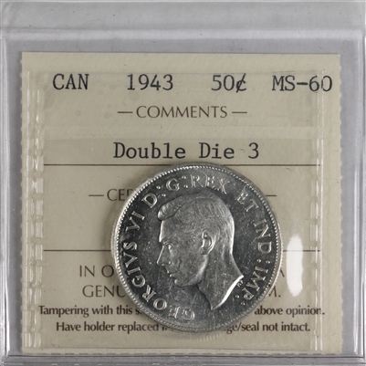 1943 Double Die 3 Canada 50-cents ICCS Certified MS-60 (HM 061)