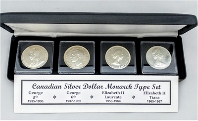 1935-1967 Canadian Silver Dollar Monarch 4-coin Type Set in Black Display