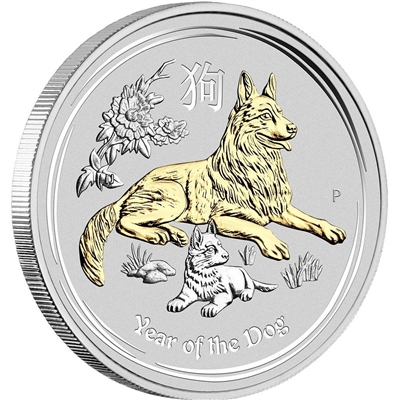 2018 Australia $1 Year of the Dog 1oz. Gilded Silver (No Tax)