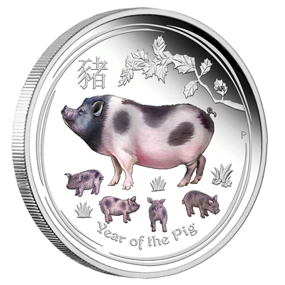 2019 Australia $1 Lunar Year of the Pig 1oz. Coloured Silver (No Tax)