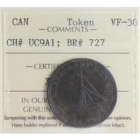 UC-9A1 1820 Upper Canada Commercial Change Half Penny Token ICCS Certified VF-30