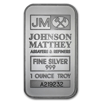 JM Johnson Matthey 1oz. .999 Fine Silver Bar (No Tax) Sealed - Light Toning