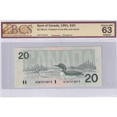 BC-58a-iii 1991 Canada $20 Thiessen-Crow, AIW with Serifs, BCS Certified CUNC-63 Orig.