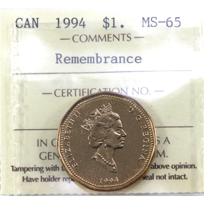 1994 Remembrance Canada Dollar ICCS Certified MS-65