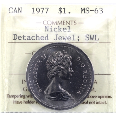 1977 Var. 3 Det. Jewel; SWL Canada Nickel Dollar ICCS Certified MS-63