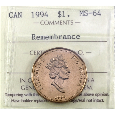 1994 Remembrance Canada Dollar ICCS Certified MS-64