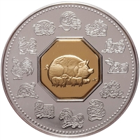 2007 Canada $15 Year of the Pig Sterling Silver & Gold Plated Cameo (lightly toned)