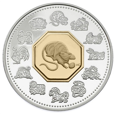 2008 Canada $15 Year of the Rat Sterling Silver & Gold Plated Cameo (Lightly toned)