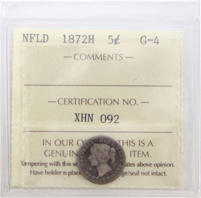 1872H Newfoundland 5-cents ICCS Certified G-4