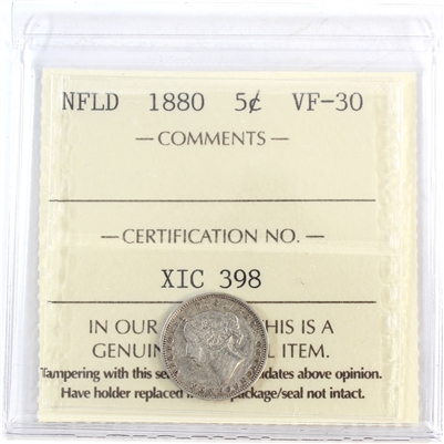 1880 Newfoundland 5-cents ICCS Certified VF-30