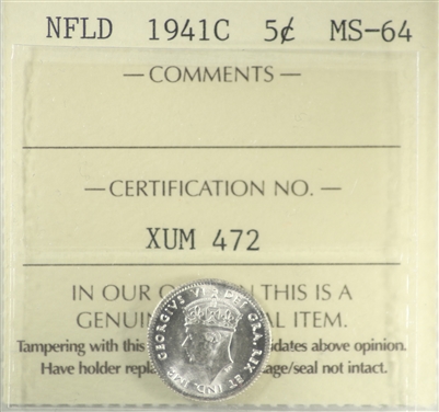 1941C Newfoundland 5-cents ICCS Certified MS-64