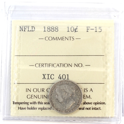 1888 Newfoundland 10-cents ICCS Certified F-15