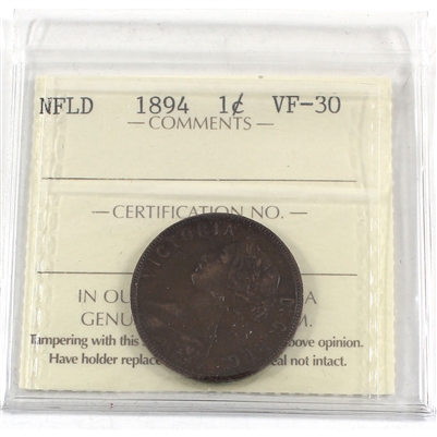 1894 Newfoundland 1-cents ICCS Certified VF-30