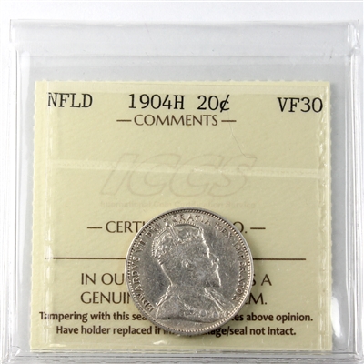 1904H Newfoundland 20-cents ICCS Certified VF-30 (XRW 753)