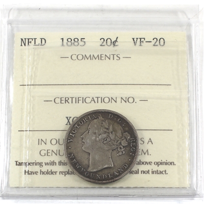 1885 Newfoundland 20-cent ICCS Certified VF-20