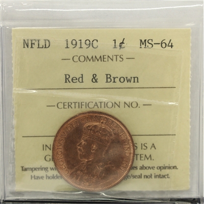 1919C Newfoundland 1-cent ICCS Certified MS-64 Red & Brown (XQL 170)