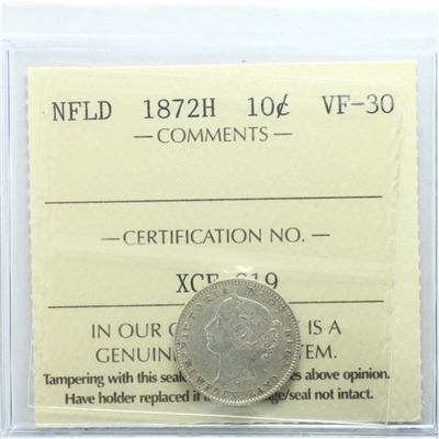 1872H Newfoundland 10-cents ICCS Certified VF-30