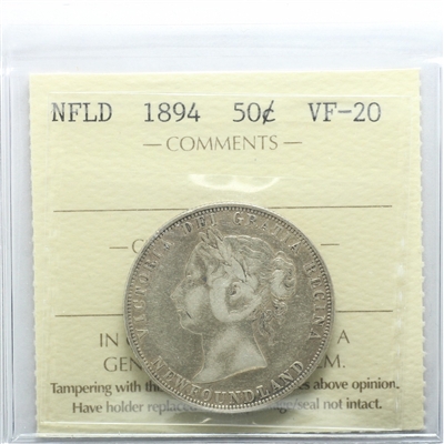 1894 Newfoundland 50-cents ICCS Certified VF-20