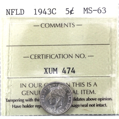 1943C Newfoundland 5-cent ICCS Certified MS-63