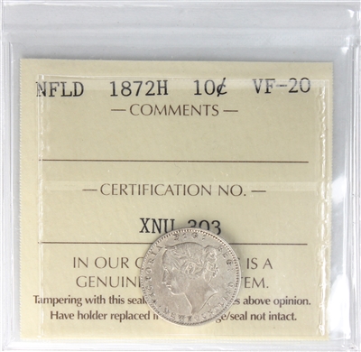 1872H Newfoundland 10-cents ICCS Certified VF-20