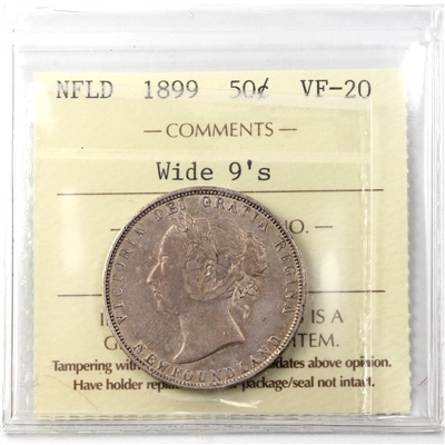 1899 Wide 9's Newfoundland 50-cents ICCS Certified VF-20