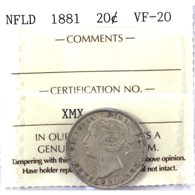 1881 Newfoundland 20-cents ICCS Certified VF-20