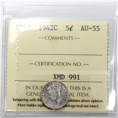 1942C Newfoundland 5-cents ICCS Certified AU-55