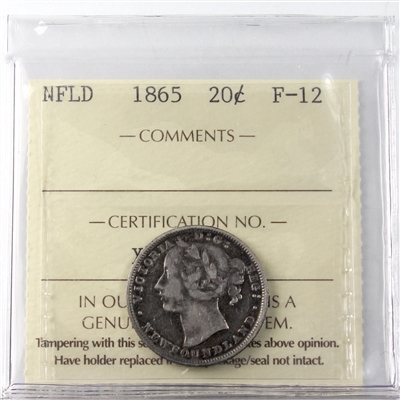 1865 Newfoundland 20-cents ICCS Certified F-12