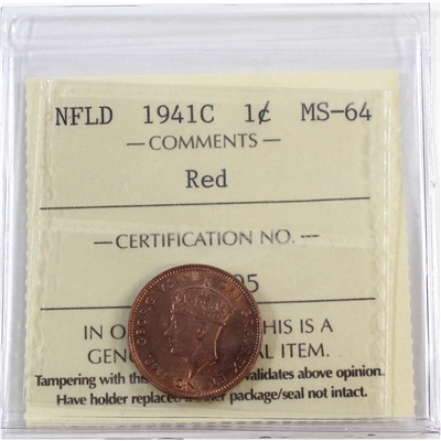1941C Newfoundland 1-cent ICCS Certified MS-64 Red