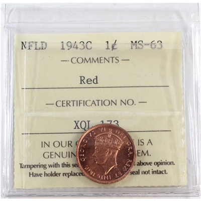 1943C Newfoundland 1-cent ICCS Certified MS-63 Red