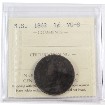 1862 Nova Scotia 1-cent ICCS Certified VG-8