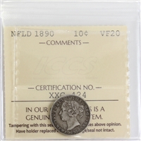 1890 Newfoundland 10-cents ICCS Certified VF-20