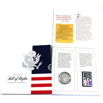 1993 USA Bill of Rights Commemorative Coin and Stamp Set (Lightly Toned, Light Wear)