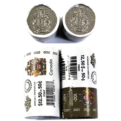 Pair of 2020 & 2021 Canada S.W. 50-cents Rolls (Regular Coat of Arms), 2 Rolls