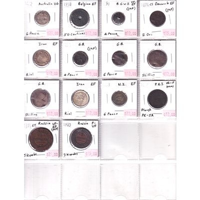 14x 1854-1933 & Undated World Coins & PEI Token, Ungraded to EF, 14Pcs (Some Impaired)