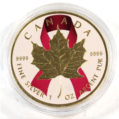 2016 Canada $5 Breast Cancer Pink Ribbon Gold Plated Silver Maple Leaf (No Tax)