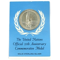 1945-1970 25th Anniversary of the United Nations Sterling Silver Medallion in Card (Toned)