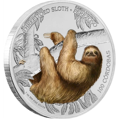 2018 Nicaragua C$100 Wildlife - Three-Toed Sloth Silver Proof (No Tax)