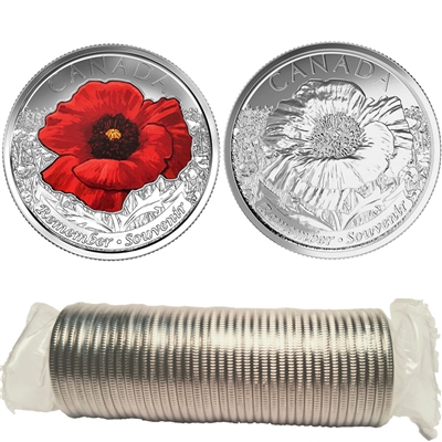 2015 Poppy Canada 25-cent Original Roll of 40pcs (some coloured)