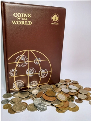 142 Pocket Coins of the World Brown Vinyl Album & 1lb World Coins