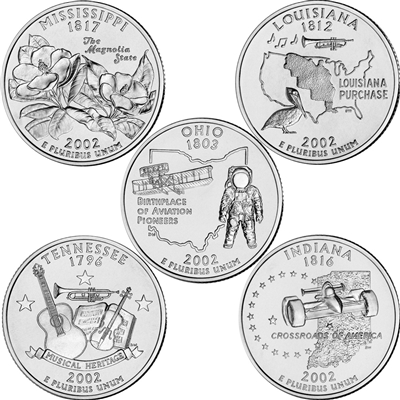 2002 USA Statehood Quarter 10-coin Set - Both P&D Mint Singles